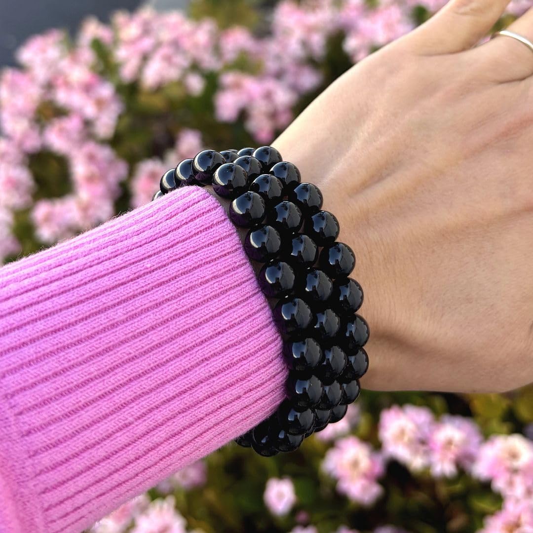 Adabele Real Natural Black Agate Gemstone Beaded Bracelet 7 inch Stretch Chakra Healing Crystal Stone Jewelry Women Birthday Gift (Unisex) GB8-30