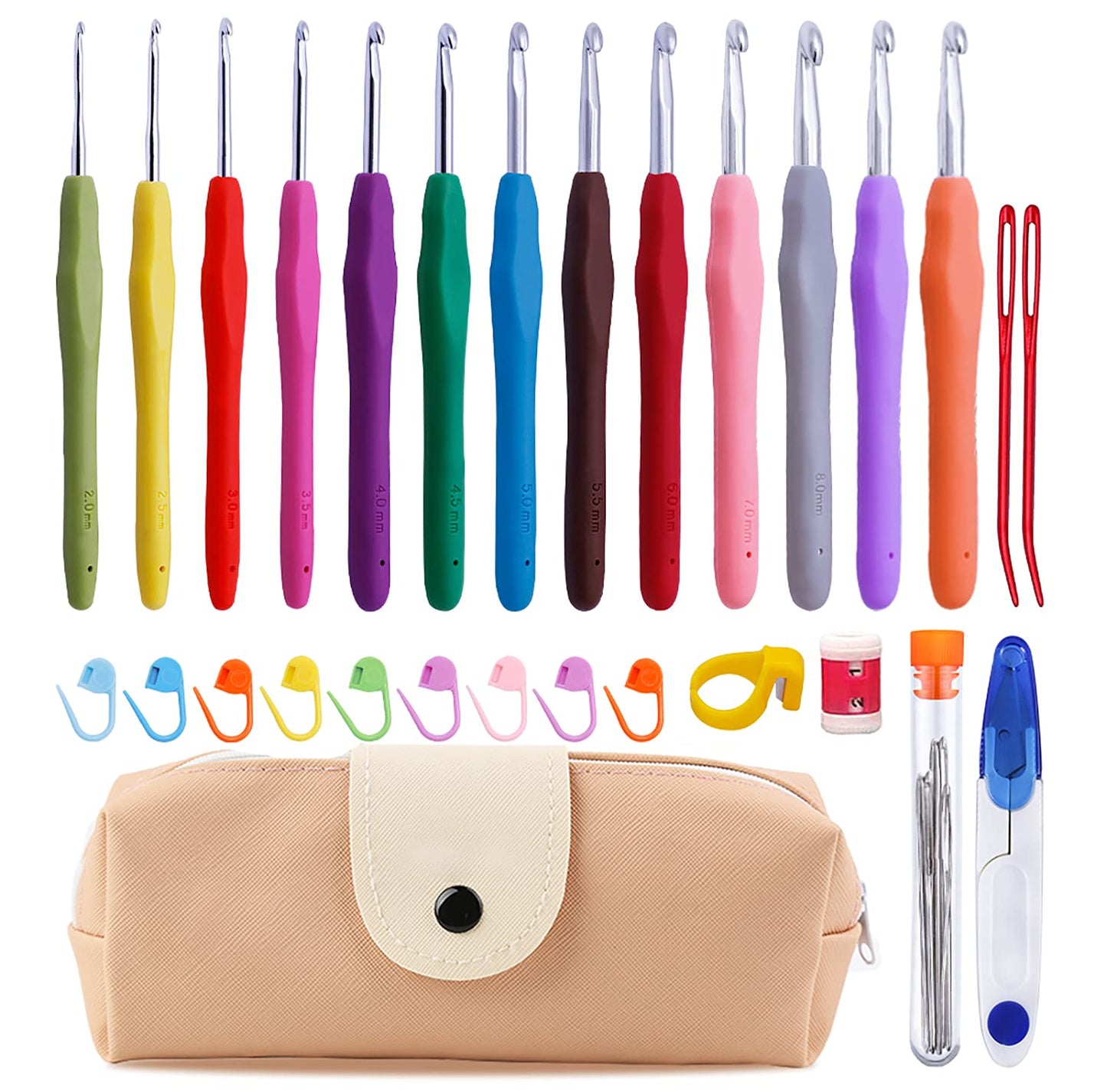Mayboos 38 Pack Crochet Hooks Set, 13 Pcs 2mm(b)-10mm(n) Ergonomic Crochet Hooks Set, Crochet Needle for Arthritic Hands with Storage Case for Beginners Extra Long  Knitting Needles