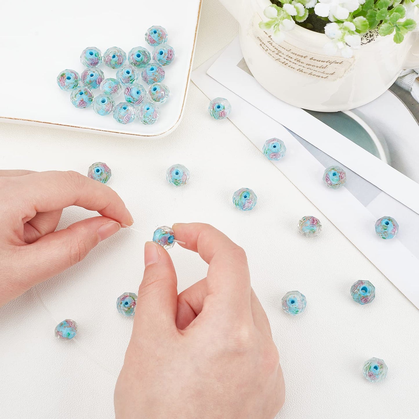 PH PandaHall 45pcs 9~12mm Gold Sand Lampwork Beads Glass Handmade Round Loose Beads for Rosary Making Jewelry Craft Making with 2mm Hole - Deep Sky Blue
