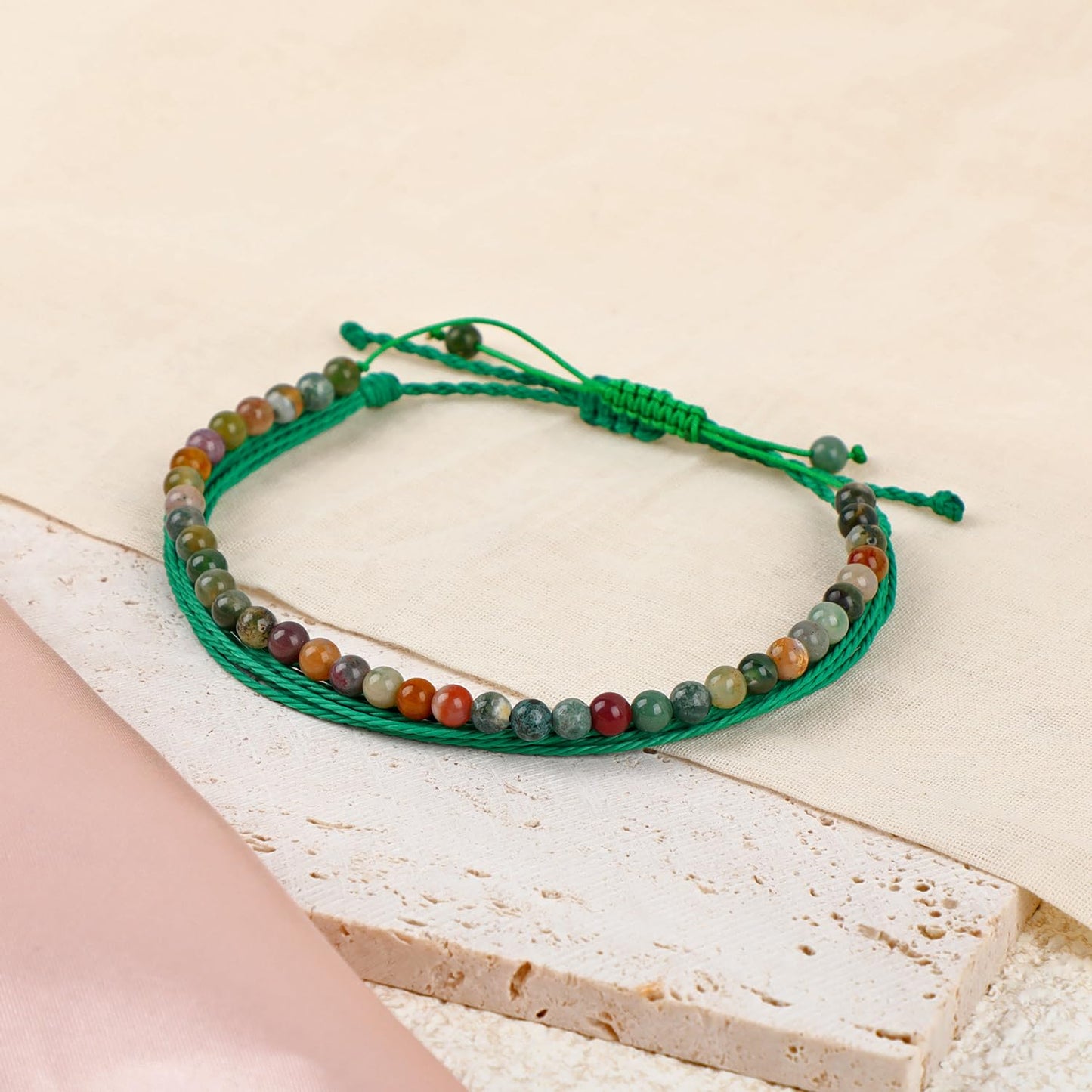 LPBeads 4mm Indian Agate Bracelet with Handmade Rope Bracelet Size Adjustable Natural Stone Crystal Healing Bracelets Gifts for Unisex Adults