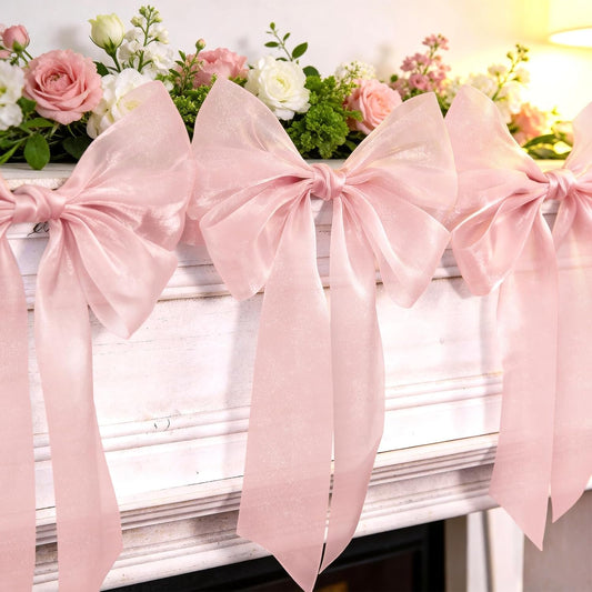 Skiennix 6.5ft Pink Bows Garland Banner - 6 Pcs Pre-Strung Bow Party Decorations for Birthdays & Showers