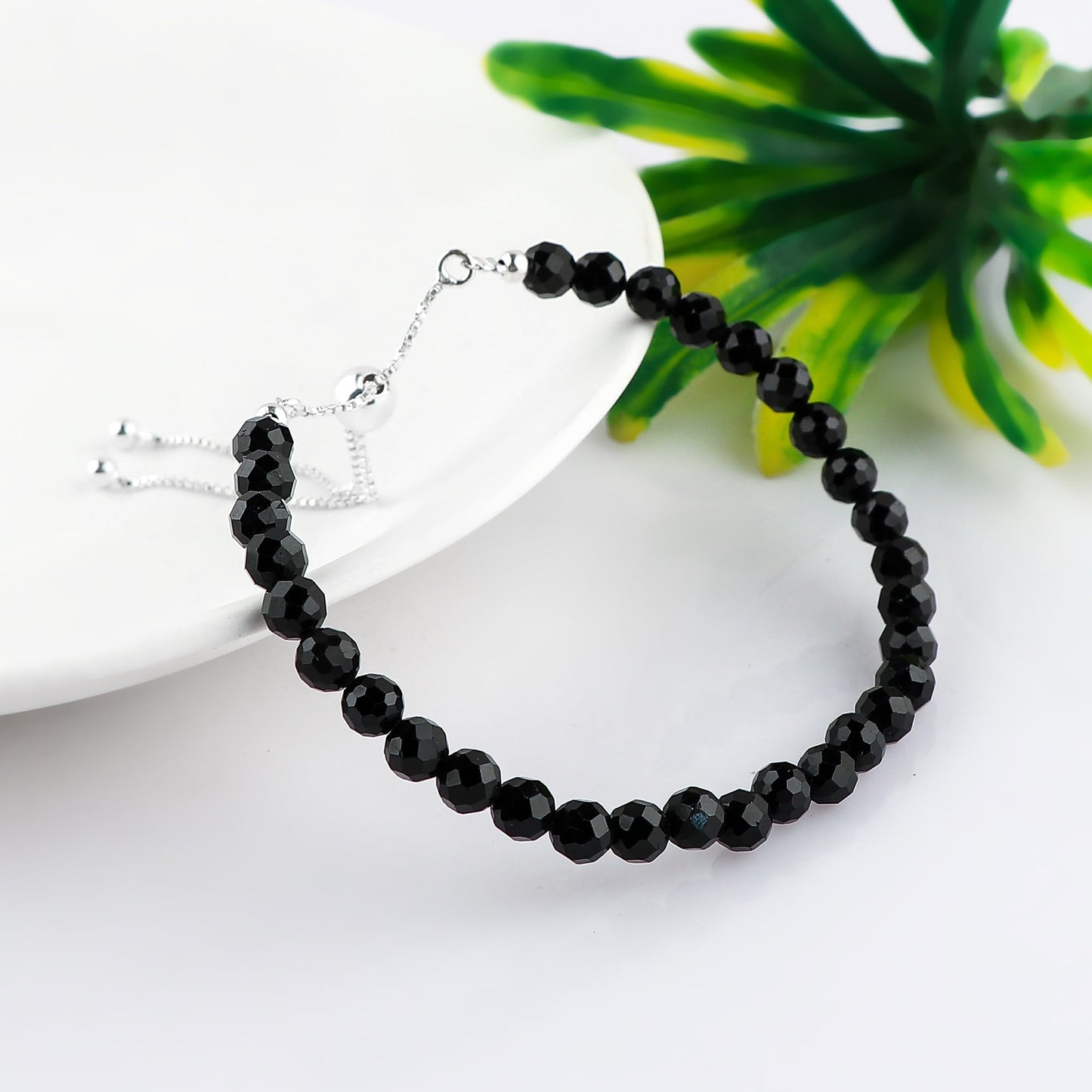 CRYSTALINES Natural Black Tourmaline Gemstone Bolo Bracelets, Handmade Jewelry, Healing Crystals Beads, October Birthstone, Silver Plated Chain, Birthday Gift for Women, Size - 10inch