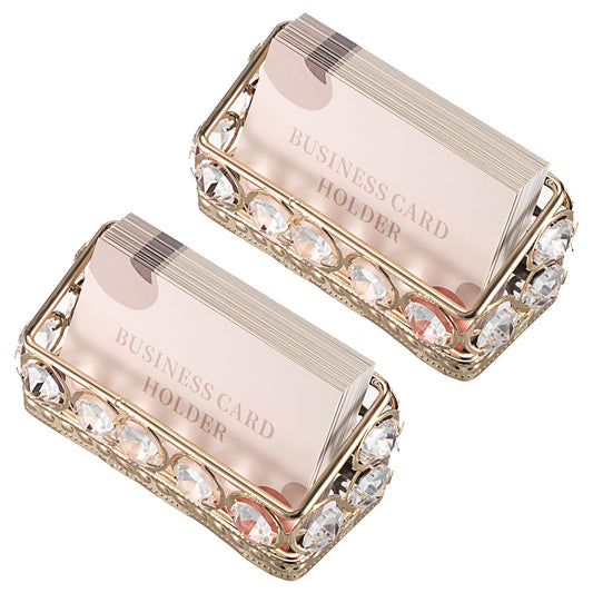 Hipiwe 2 Packs Crystal Business Card Holder Gold Metal Business Card Display Holder for Desk Bling Office Desktop Business Card Storage Organizer with Mirror Base