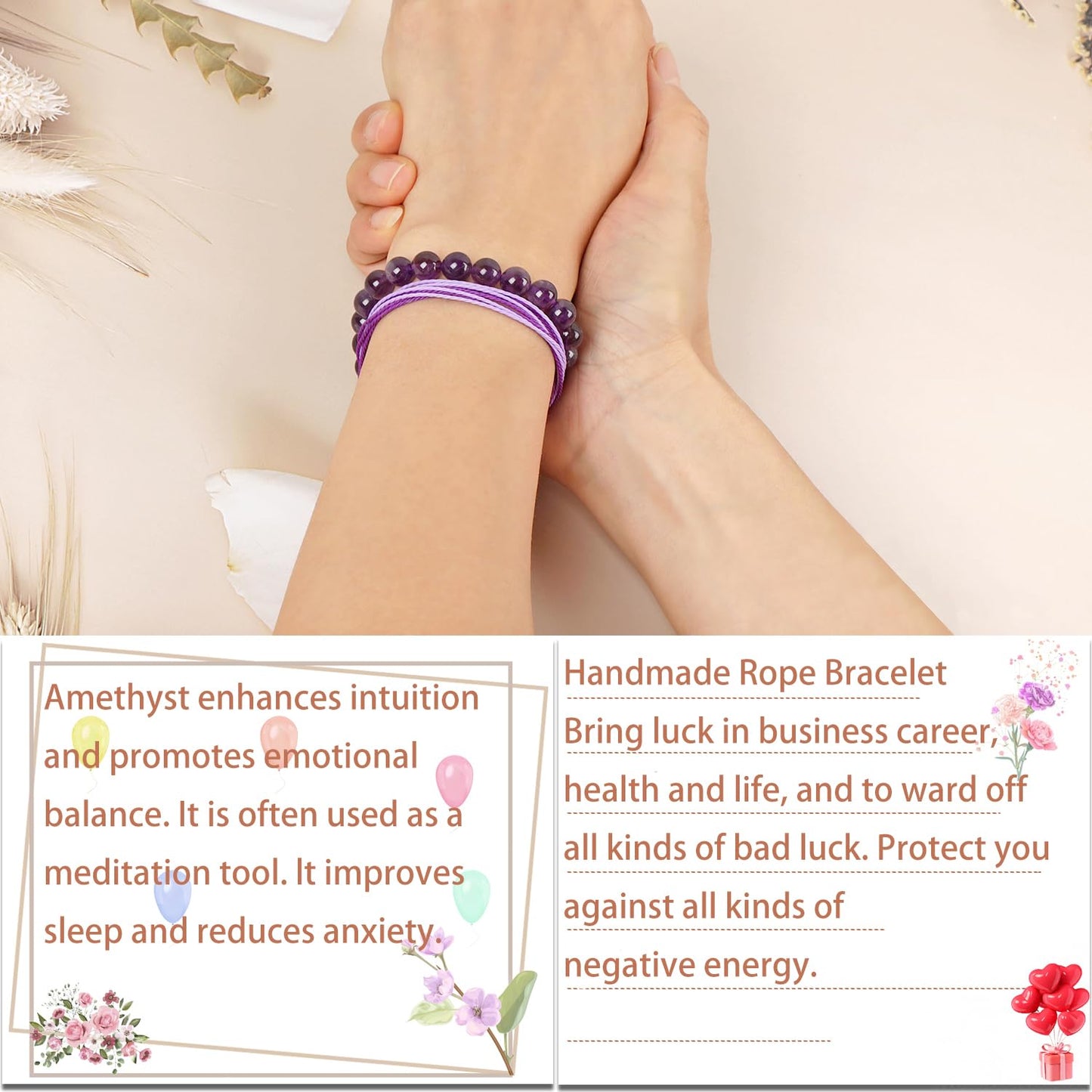 LPBeads 8mm Purple Amethyst Bracelet with Handmade Rope Bracelet Size Adjustable Natural Stone Crystal Healing Bracelets Gifts for Unisex Adults