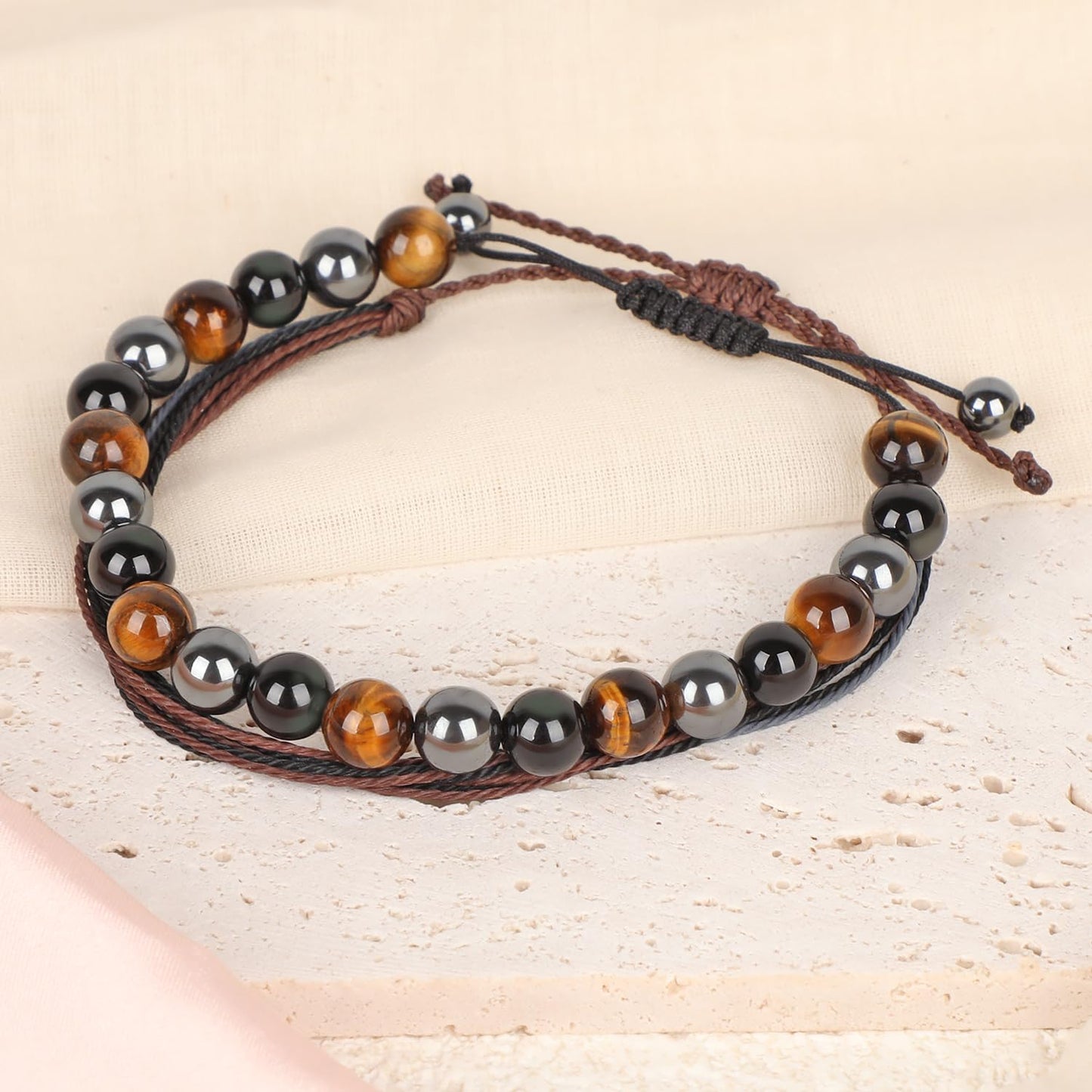 LPBeads 8mm Onyx Tiger's eye Hematite Mixed stone Bracelet with Handmade Rope Bracelet Size Adjustable Natural Stone Crystal Healing Bracelets Gifts for Unisex Adults