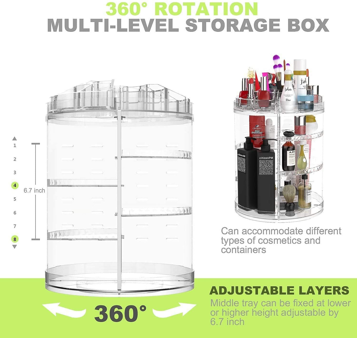 Boxalls Makeup Organizer Rotating, 8-Layer Large Capacity Cosmetics Organizer, 360 Adjustable Skincare Spinning Stand, Clear Makeup Carousel for Vanity, Countertop -Plus Size