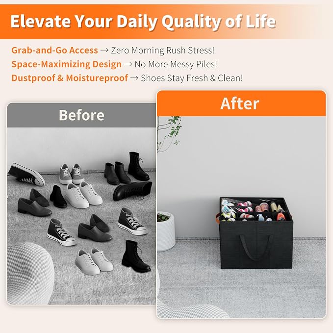 Aokeyee 2 Pack Shoe Organizer for Closet, Foldable Shoe Storage Organizer Box w/Clear Cover and 4 Reinforced Handles, Space Saving Shoes Bin Fits up to 32 Pairs, Black