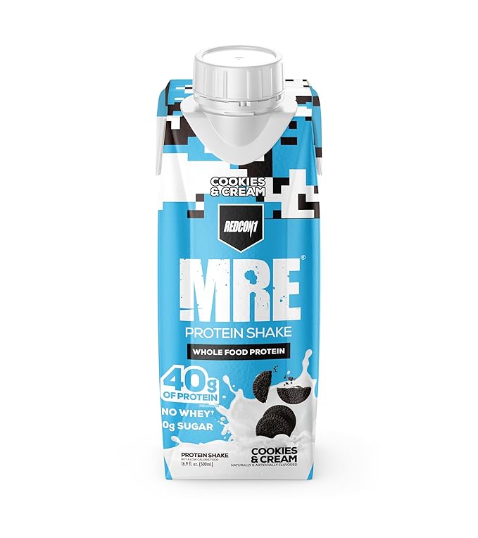 REDCON1 MRE Ready to Drink Protein Shakes, Cookies & Cream - Lactose + Whey Free RTD Protein Made with Real Whole Food Protein Blends - Keto-Friendly and Easy to Digest Nutritional Shake (12 Pack)
