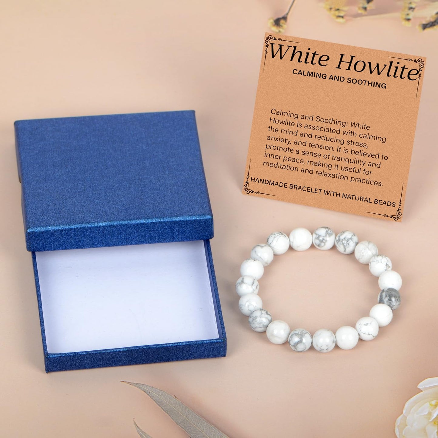 LPBeads Handmade Natural Gemstone Stretch Elastic 10mm White Howlite Bracelet Healing Crystal Round Stone Beads Jewelry Gifts for Women Men