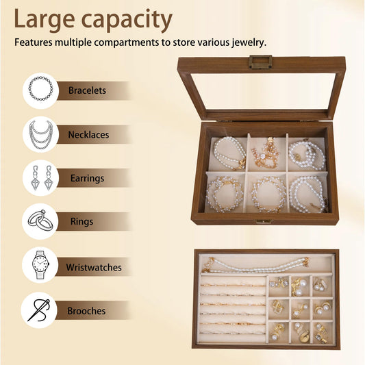 QINGTUHOME 2-Layer Glass Lid Walnut Jewelry Box for Women, Vintage Style Solid Wood Jewelry Organizer and Display Case, Ideal Gift for Rings, Earrings, Necklaces & Bracelets