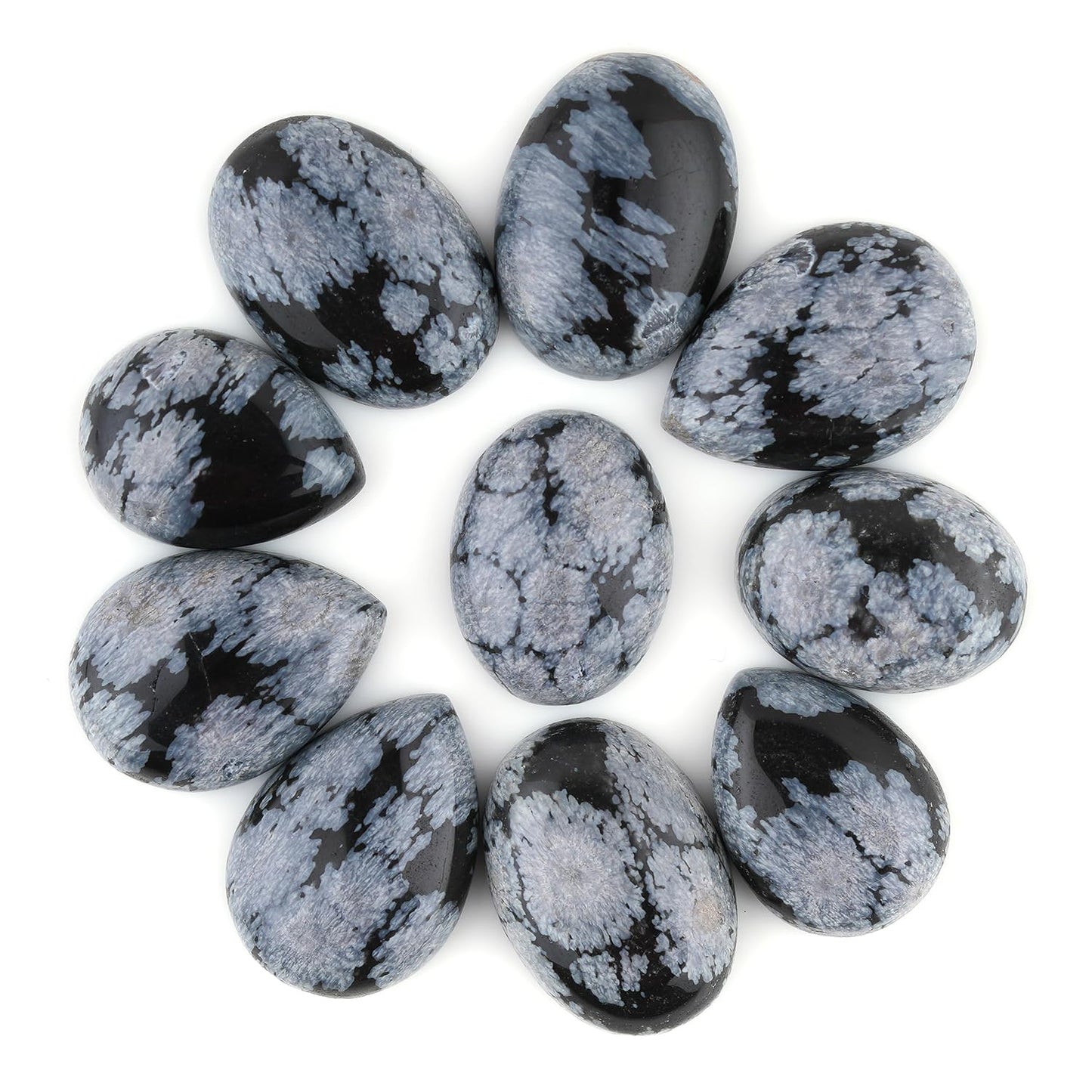 GemSymphony Natural Snowflake Obsidian Gemstone Cabochon Pack of 3 Mixed Shapes – Polished Crystal Stones for Jewelry Making supply, Healing, Reiki & DIY Crafts, Natural Gem Cab Set for Wire Wrapping (15-20 mm)