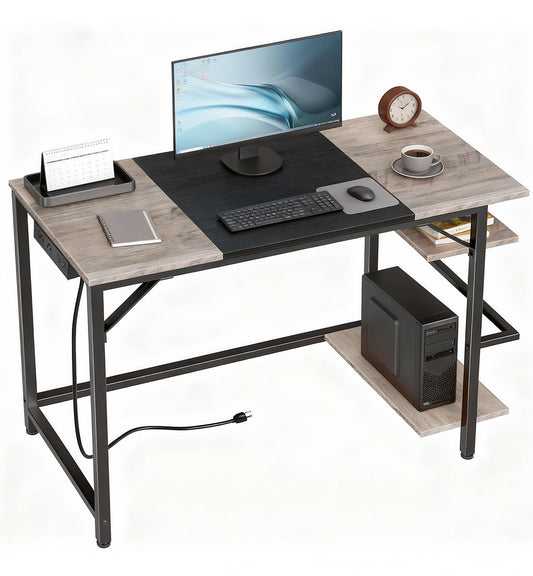 HOOBRO Computer Desk, Home Office Desk with Power Outlet, Writing Desk with 2 Shelves, Modern Small Desk for Home Office, Study, Easy to Assemble, Charcoal Gray and Black BG43UDN01