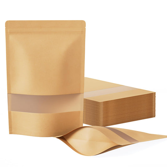 FireKylin 100 Pcs Resealable Bags, Inner Size 6.4" x 7.3" (Outer Size 7.1" x 10.2") Stand Up Paper Bags with Matte Window, Zipper Food Storage Bags for Packaging Products, Reusable, Sealable