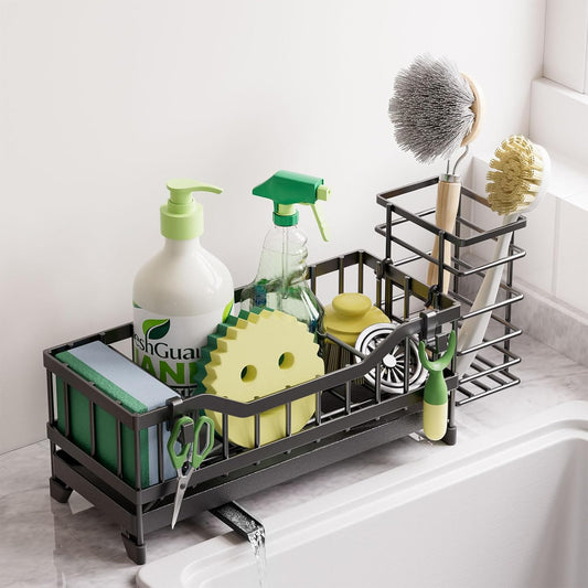 Skiennix Kitchen Sink Caddy - 304 Rustproof Stainless Steel Sponge Holder | Black Countertop Organizer