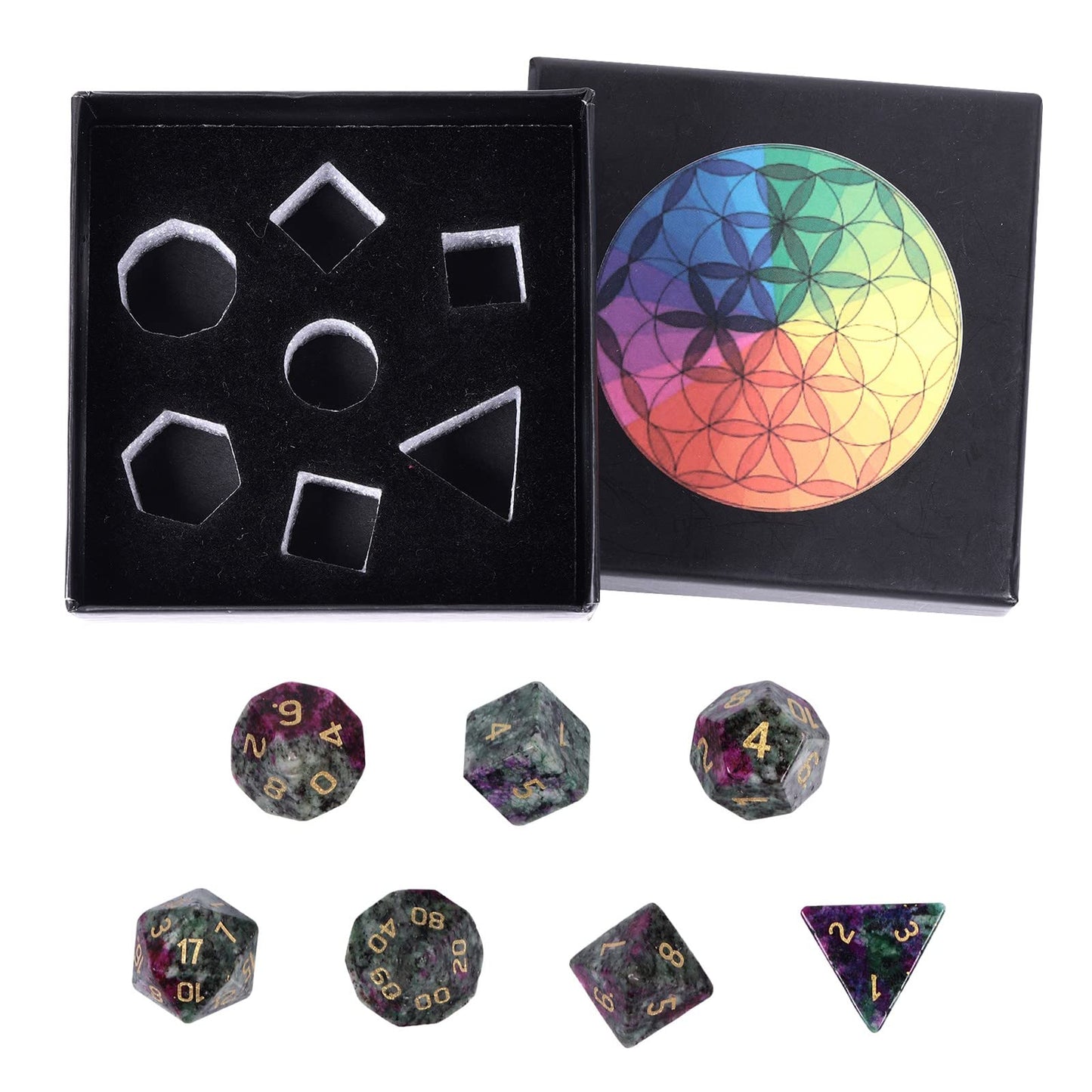 mookaitedecor 7 PCS Ruby in Fuchsite Crystal Polyhedral DND Dice Set, Polished Tumbled Stones Dices for RPG MTG Table Games Home Decoration