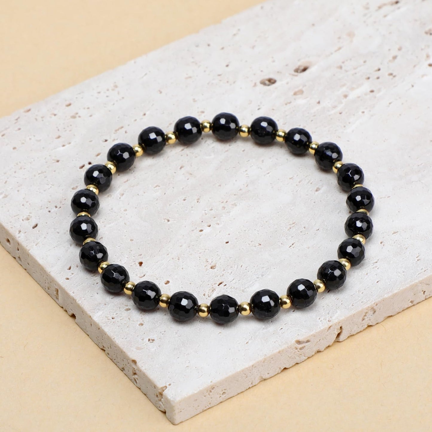 QOGIR Black Onyx - Protecting and Grounding - 14K Gold Plated Beads Natural Gemstone Stretch Elastic Dainty Healing Beaded Bracelets Gifts 6mm