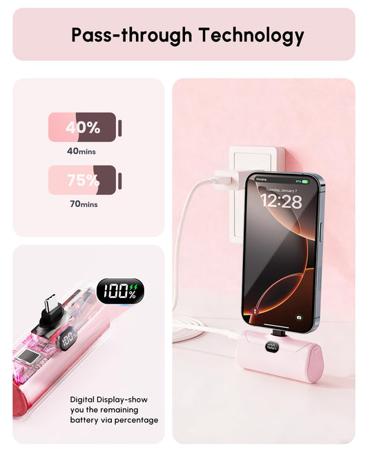 Lightweight Pink USB C Power Bank Portable Charger 5000mah with Kickstand for iPhone 17,Type-c Battery Pack Charger with Digital Display for iPhone 16/Samsung/Android phones, Pinky Gift for Her Phones