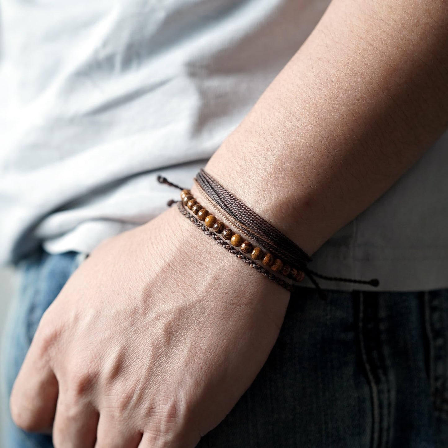 Handmade Natural Stone Beaded Healing Bracelet Gift for Men Adjustable Rope String Bracelet (Rubber stone, Adjustable)