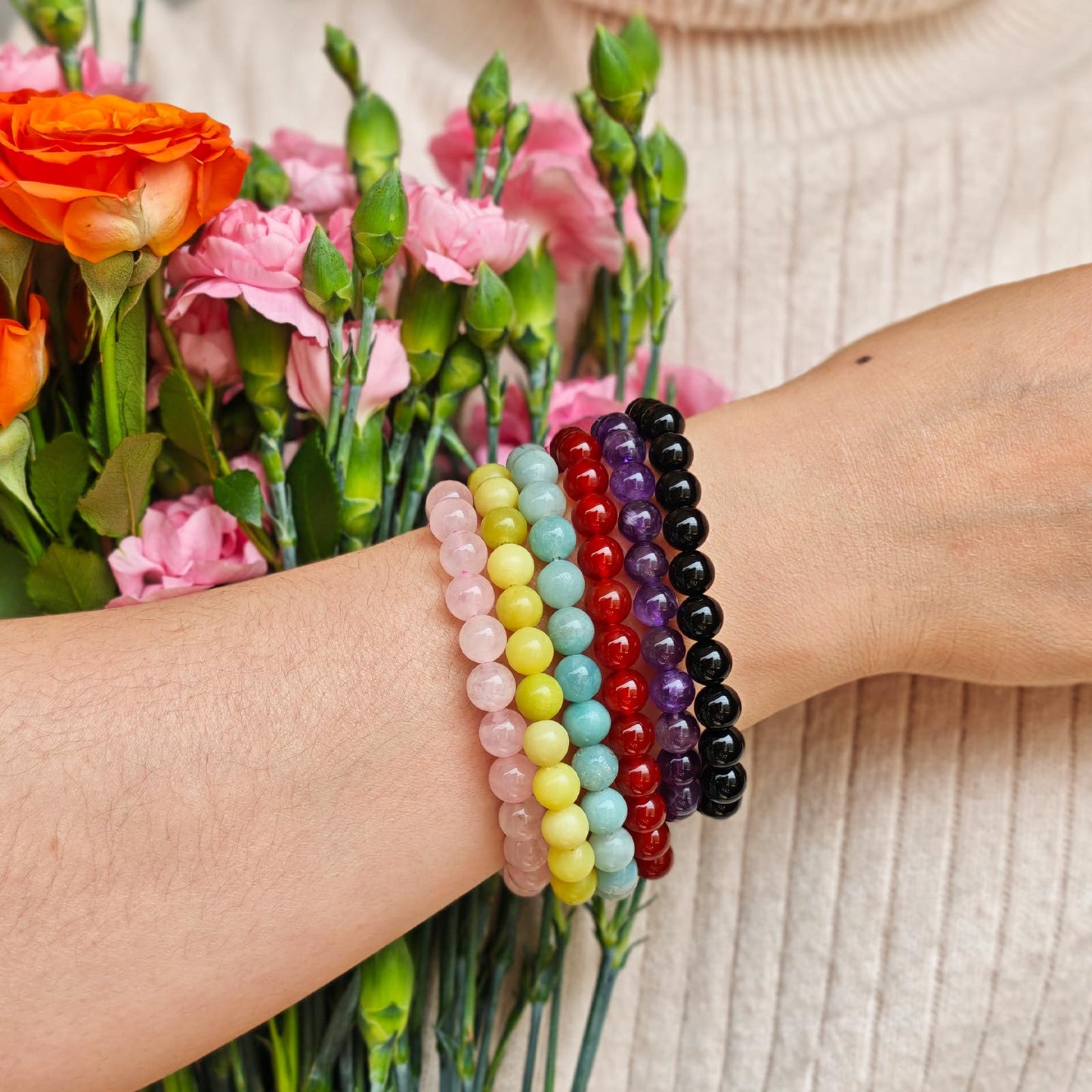 Handmade Natural Gemstone Elastic Bracelet - Healing Crystal Beads Jewelry, Unisex (Black Tourmaline, 8mm)