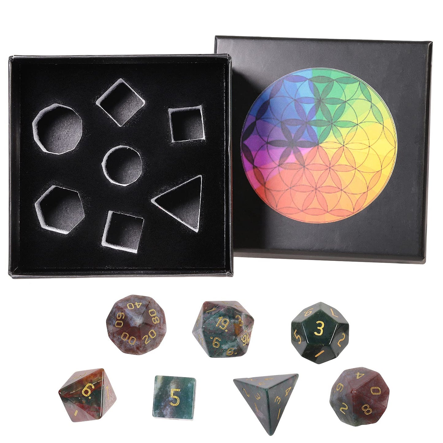 mookaitedecor 7 PCS Indian Agate Crystal Polyhedral DND Dice Set, Polished Tumbled Stones Dices for RPG MTG Table Games Home Decoration