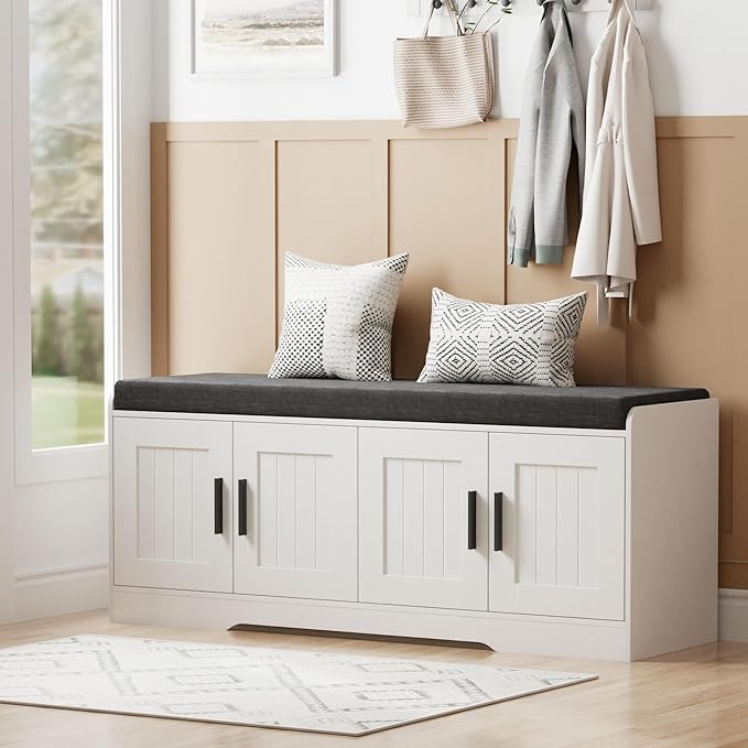 Homleke 2-Tier Storage Bench, Shoe Bench with Thickened Padded Seat Cushion, Entryway Bench with 4 Doors, Adjustable Shelf, 13.8" D x 45.3" W x 18.5" H, for Entryway, Living Room, Bedroom, White
