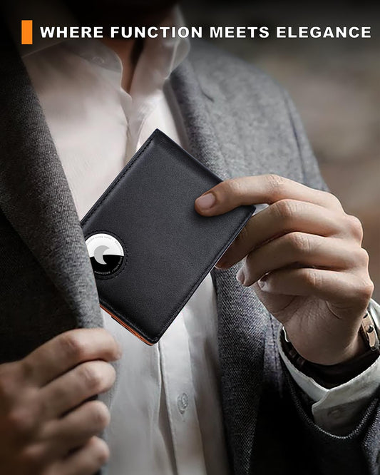 BROSHOPP Airtag Wallet for Men, Bifold Full-Grain Leather Wallet for Apple Air Tag (1st & 2nd Generation), Men's Wallet with Airtag Holder, RFID Blocking, Cash Slots, ID Window