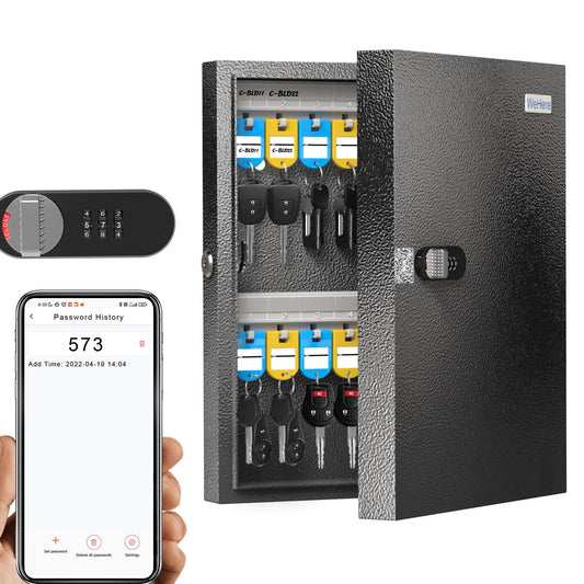 WeHere 32 Key Lock Box - Wall Mounted Key Cabinet with 3-Digit Combination Lock & Backup Key, Key Organizer Lockbox for Home, Office, Rental, Property Management, Includes Key Tags