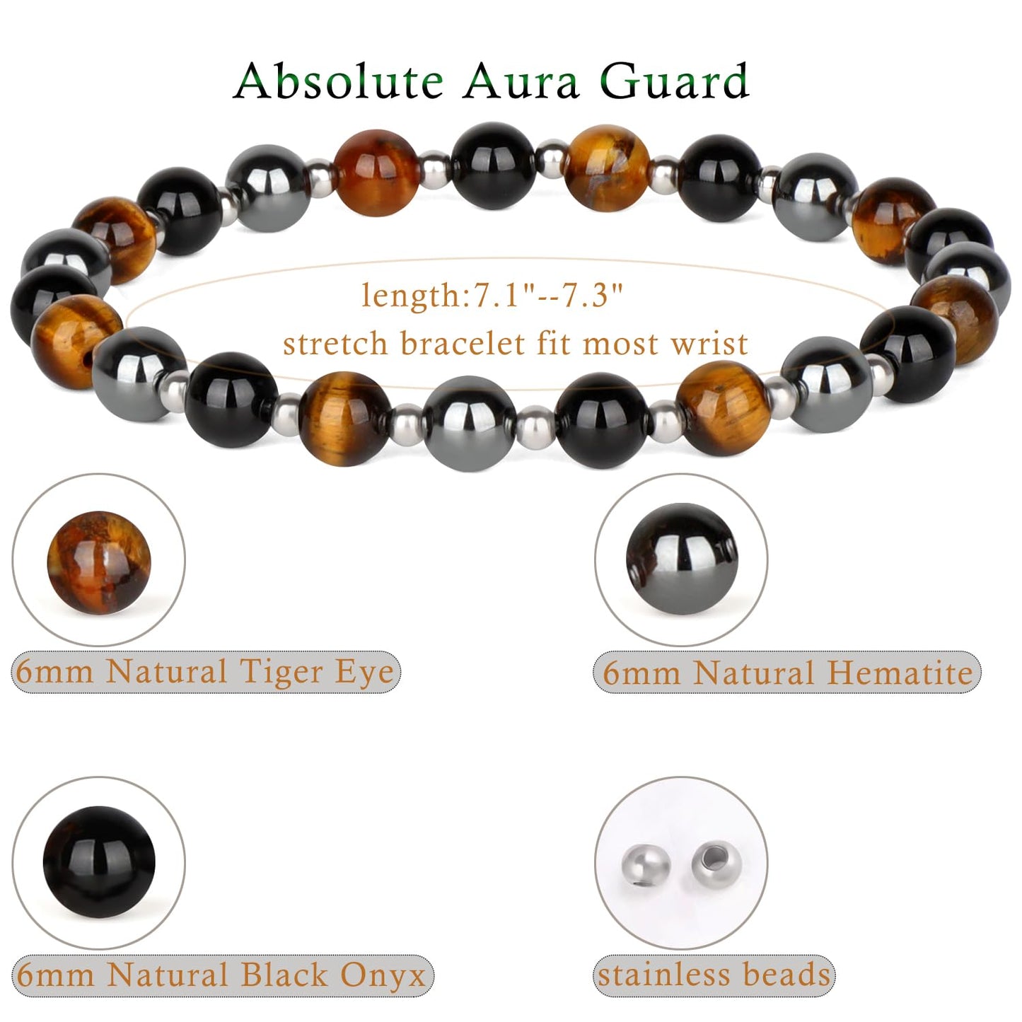 QOGIR Triple Protection - Onyx Hematite Tiger - Stainless Silver Beads Natural Gemstone Stretch Elastic Dainty Healing Beaded Bracelets Gifts 6mm
