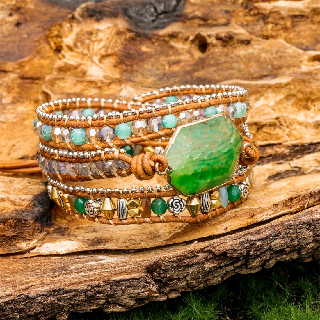 YGLINE Boho 3 Wrap Bead Bracelet Handmade Adjustable Natural Green Agate Stone Crystal Beaded Bracelets Leather Rope Yoga Healing Bracelet Jewelry