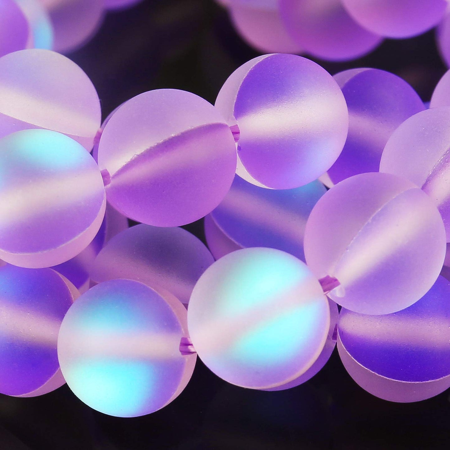 Matte Purple Aurora Crystal Glass Beads, 6MM Frosted Glitter Shining Mermaid Round Loose Beads, Rainbow Holographic Synthetic Moonstone for Jewelry Making DIY Bracelet