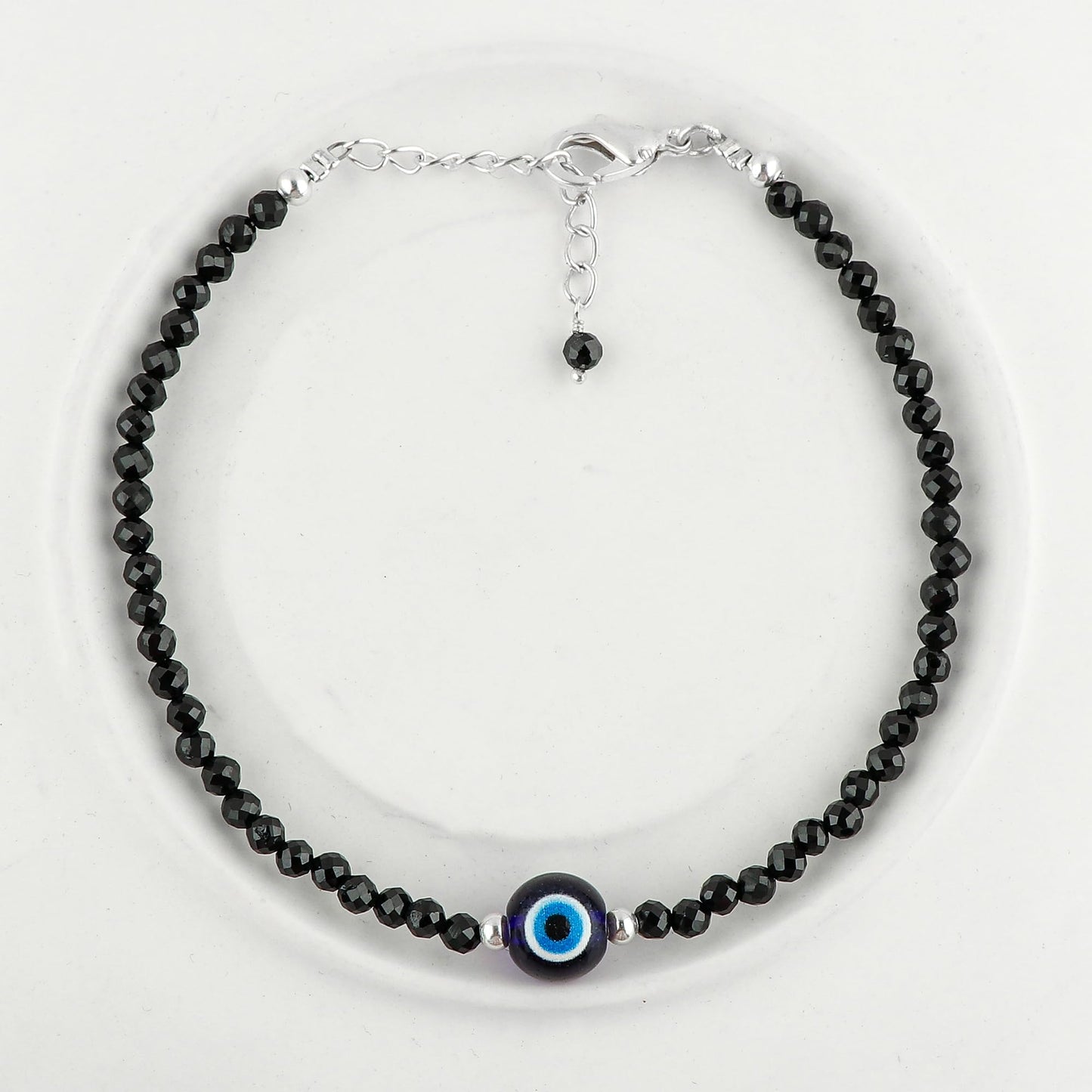 CRYSTALINES Natural Black Spinel Gemstone Bracelet, Faceted Beads Stones, Handmade Hypoallergenic Boho Jewelry for Women, Healing Crystals, Adjustable Silver Plated 7+1inch, Birthday Evil Eye Gift