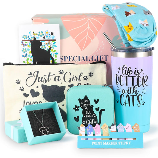 Cefanty Cat Lover Gifts for Women, Mom Gifts Cat Themed Gift Basket Birthday Teacher Appreciation Valentine's Day Mother's Day Cat Lovers With 20 OZ Tumbler