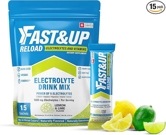 FAST&UP Reload – Lemon & Lime - Refreshing Electrolyte Drink Mix | Hydration Powder Packets | 1500 mg Electrolytes + Vitamins C & B12 | Easy to Open Single Serving Pack | 15 Servings