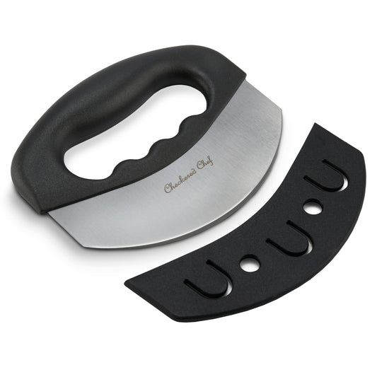 Checkered Chef Salad Chopper Tool with Cover, Mezzaluna Knife Stainless Steel Vegetable Rocker, Mincer, Cutter
