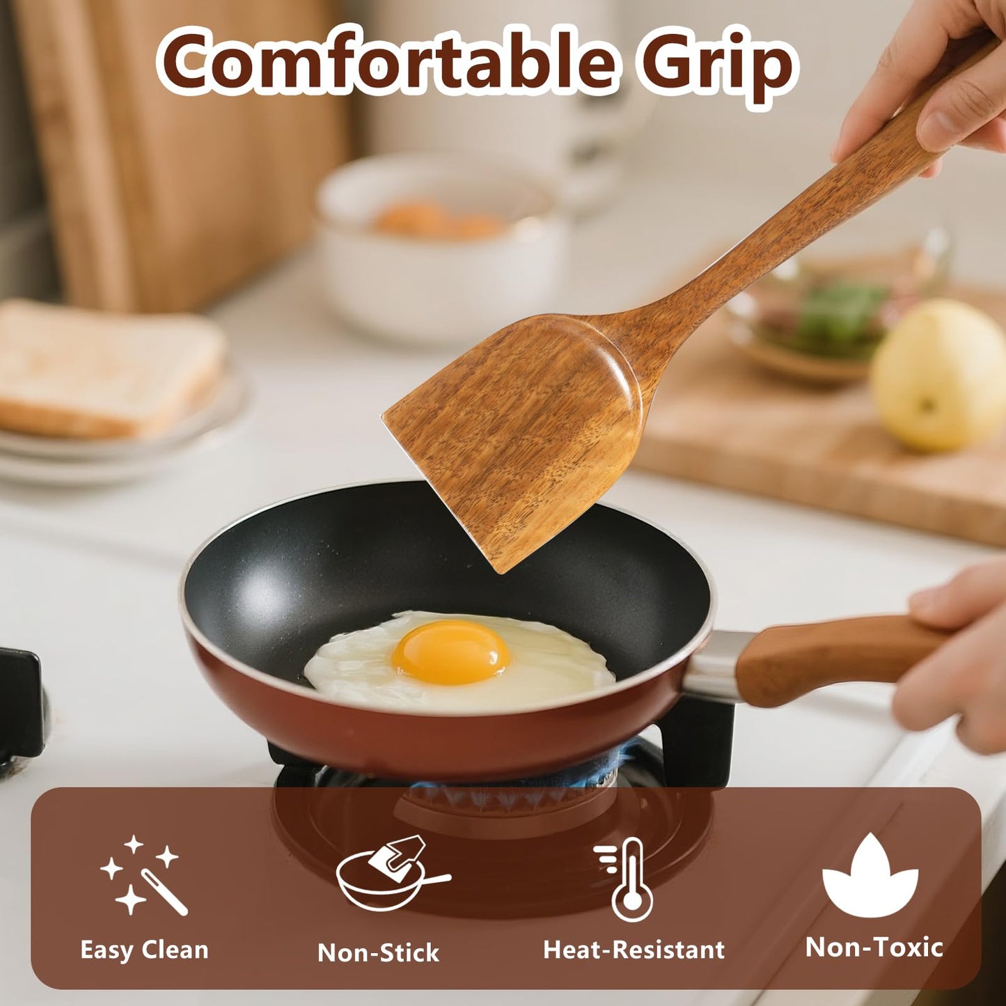 Wooden Spatulas, 2 PCs Natural Acacia Wooden Cooking Utensils Set for Non-stick Pan Kitchen Tool, flipping and Wok Spatula, Wooden Spoons & Spurtle for Cooking