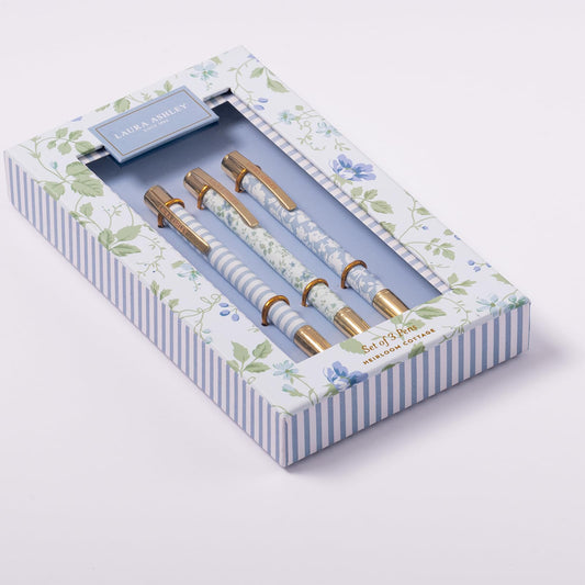 Laura Ashley Heirloom Cottage Pen Set – Elegant Refillable Ballpoint Pens with Floral Design & Gold Accents, Set of 3 in Decorative Gift Box – Smooth Writing Pens for Office, School & Journaling