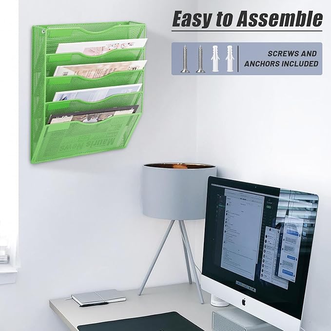 EASEPRES 5 Pocket Mesh Hanging Wall File Organizer, Wall Mounted Mail Paper Document Folder Holder, Clipboard Storage Organization Magazine Rack with Nametag Label for Office Home School, Green