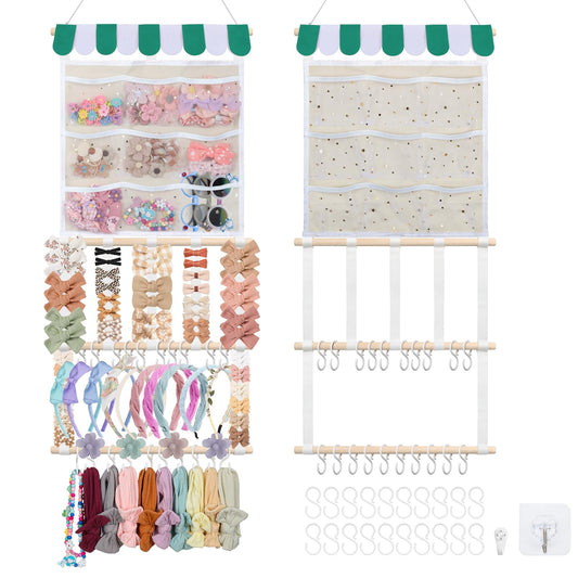 iHansee New Upgraded Bow Holder Headband Organizer w/ 9 Mesh Pockets, Large Capacity Hair Bow Organizer for Girls, Wall Hair Accessory Organizer for Nursery Room Decor(32x15inch,Beige Green)