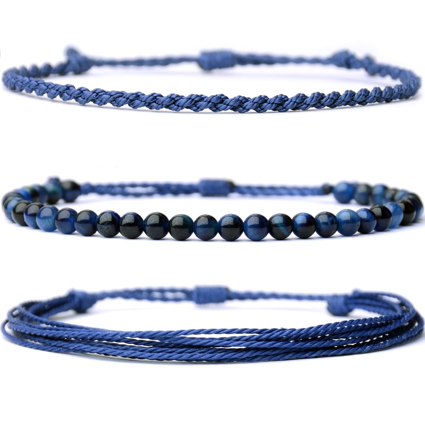 Handmade Natural Stone Beaded Healing Bracelet Gift for Men Adjustable Rope String Bracelet (Tiger Eye（BLUE）, Adjustable)