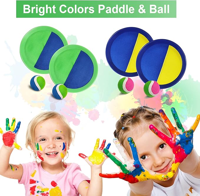 Jalunth Ball Catch Set Games Toss Paddle - Beach Toys Back Yard Outdoor Pool Backyard Camping Throw Age 3 4 5 6 7 8 9 10 11 12 Years Old Boys Girls Kids Adults Family Pink Blue Gifts 2 Pack