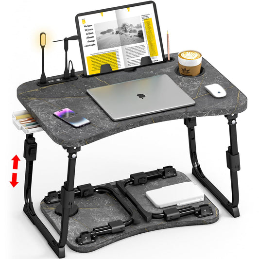 Lap Desk for Bed Adjustable Height, Foldable Bed Table with Storage Drawer, Tablet Slot & Cup Holder, Portable Laptop Stand for Bed & Sofa, Bed Desk for Adults & Kids, Deep Stone Color