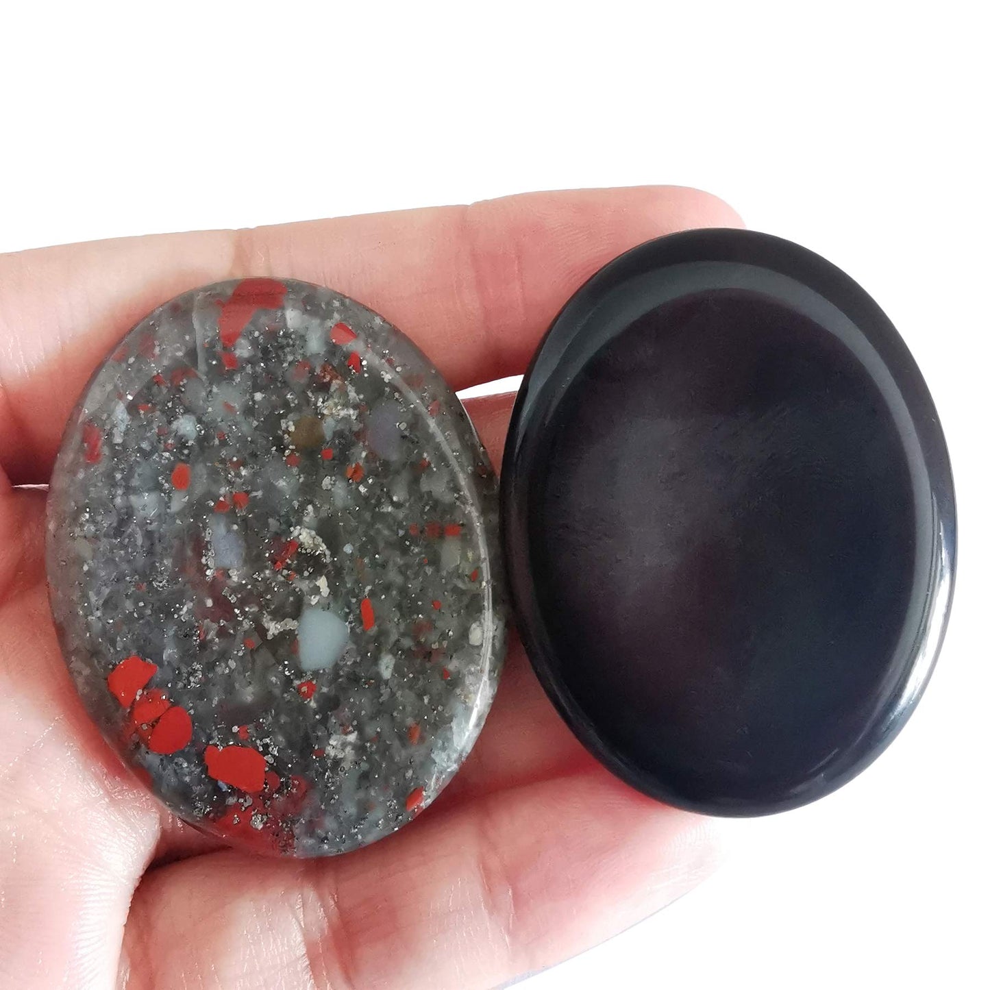 Loveliome Black Obsidian and Africa Bloodstone Thumb Worry Stone, Stress Relax Healing Reiki Crystal Pocket Palm Stones,Pack of 2