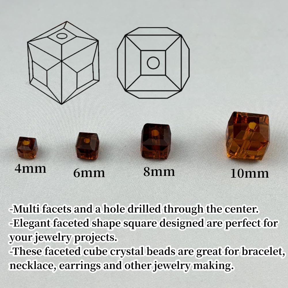 YUEXIGO 100pcs 6mm Cube Crystal Glass Beads for Jewelry Making Faceted Square Crystal Glass Bead Spacer Beads Loose Beads for Bracelet Earring Necklace DIY Craft(Dark Amber)