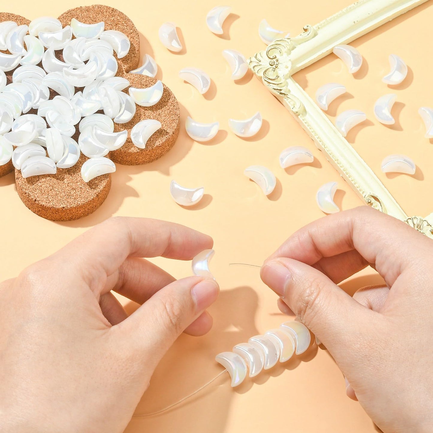 LiQunSweet 100 Pcs Handmade Lampwork White Glass Beads Celestial Crescent Moon Loose Spacer Beads for DIY Jewelry Making and Crafting
