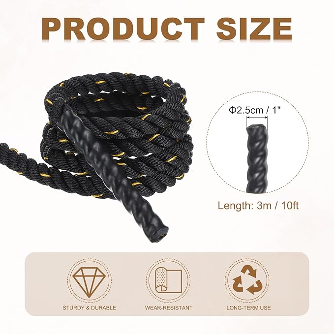 MECCANIXITY Battle Rope 10ft x 1 Inch Polyester Workout Rope Heavy Fitness Exercise Rope for Strength Training Home Gym Muscle Building, Black Yellow