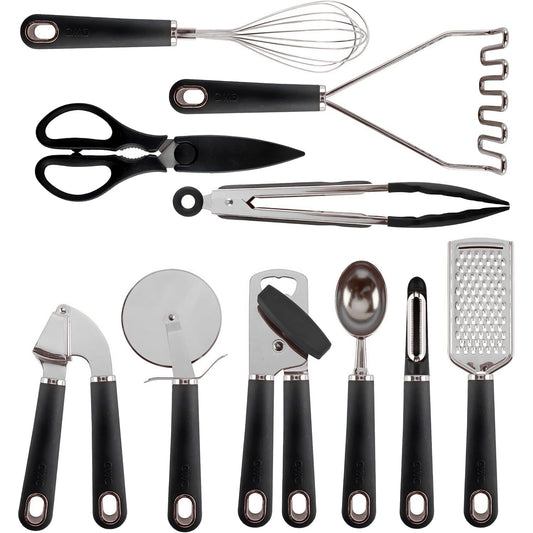 COOK WITH COLOR Kitchen Gadget Set Stainless Steel Utensils with Soft Touch Handles, 7 Pieces, Stainless Steel Black
