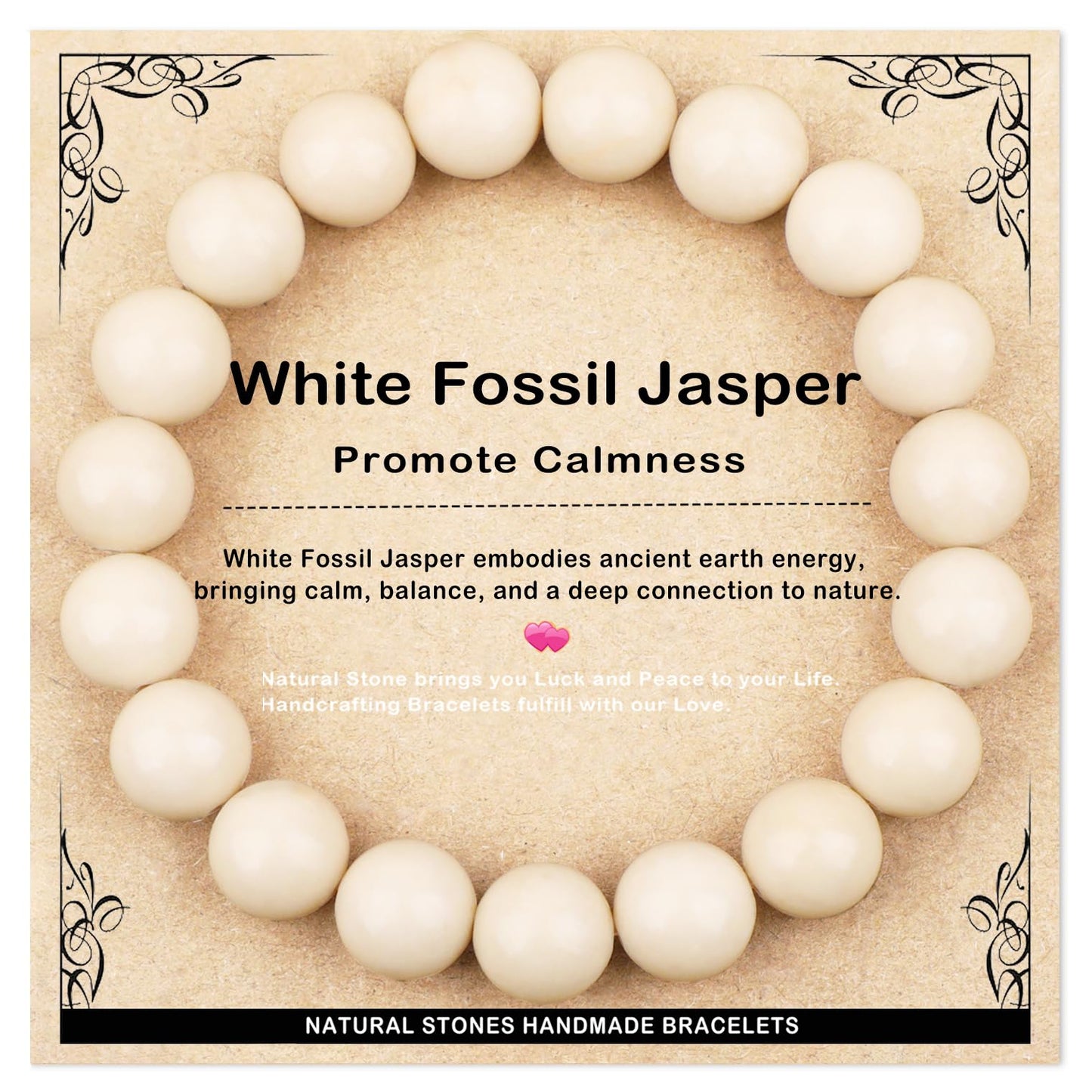 AD Beads 10mm Handmade White Fossil Jasper Elastic Bracelet – Natural Gemstone for Promote calmness – Meditation, Yoga, Healing and Energy Gift for Men Women