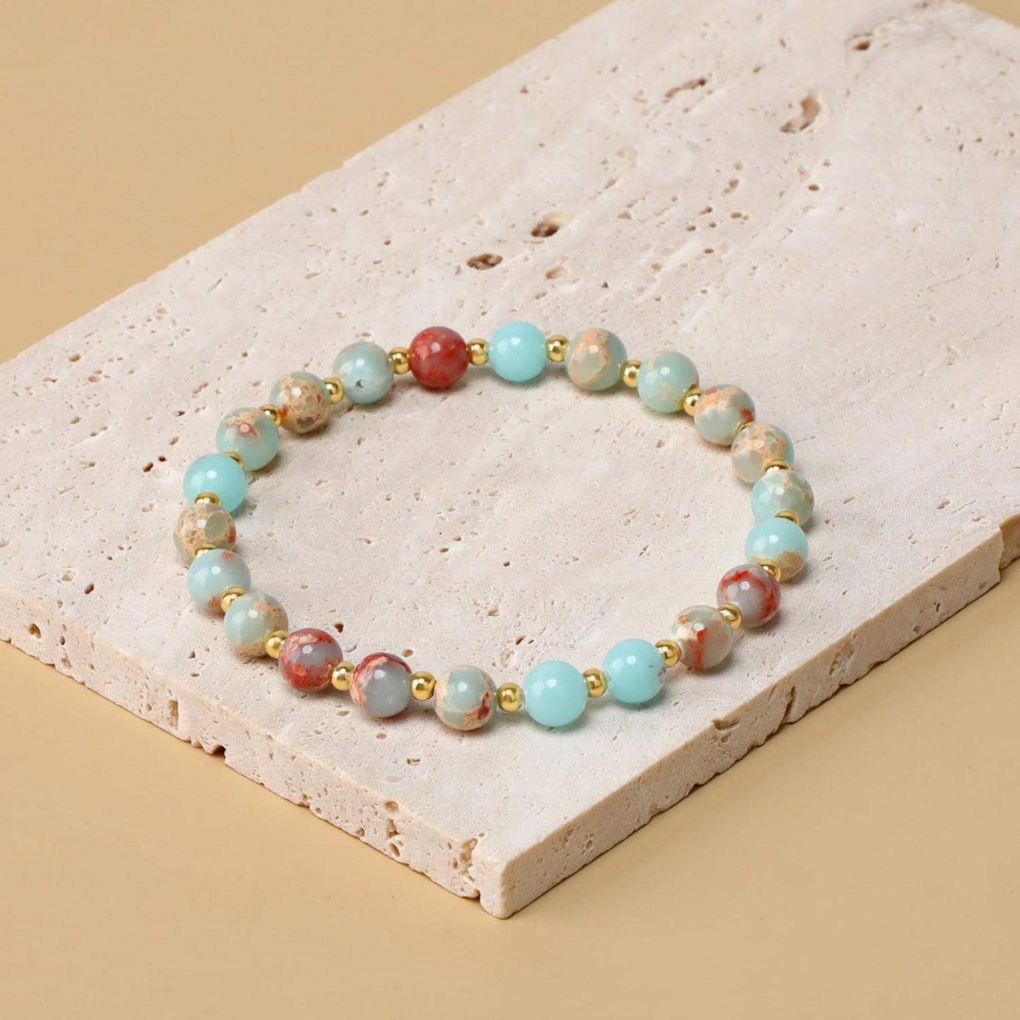 QOGIR Imperial Jasper - Stone of Success - Stainless Silver Beads Natural Gemstone Stretch Elastic Dainty Healing Beaded Bracelets Gifts 6mm