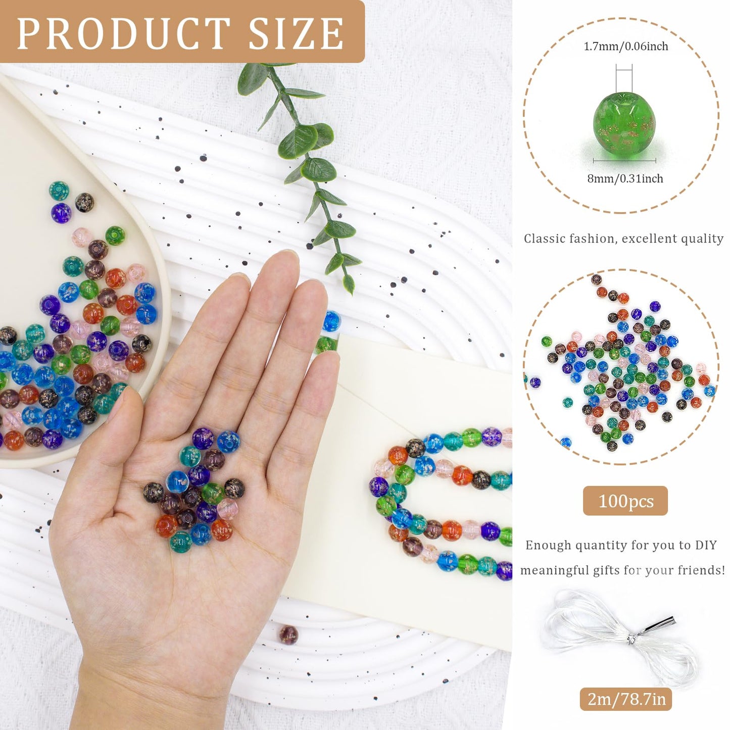 100Pcs Multicolor Glass Beads, 8mm Glow in The Dark Round Glass Beads for Jewelry Making, Earring Spacer Beads, DIY Crafts Bracelets Necklaces Earrings with 1.5~2mm Hole