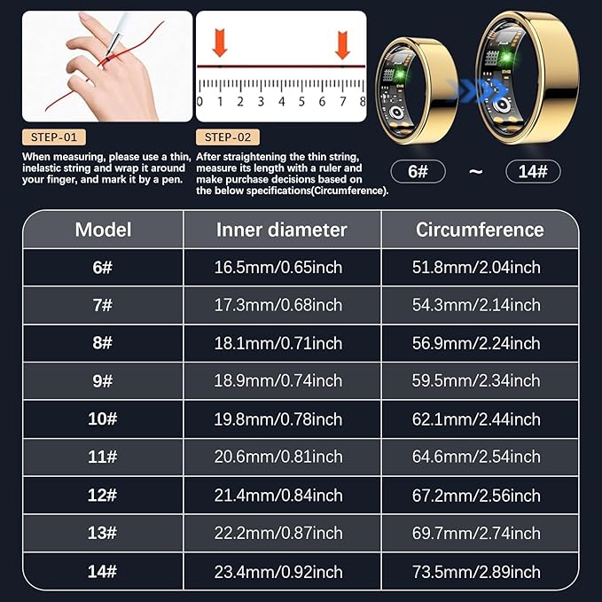 Health Tracker Ring, Smart Health Ring for Women Men with Heart Rate, Blood Oxygen, Sleep Monitor, Steps,Calories, No Subscription Fee, IP68 Waterproof Smart Ring for iPhone & Android (Gold, 12#)